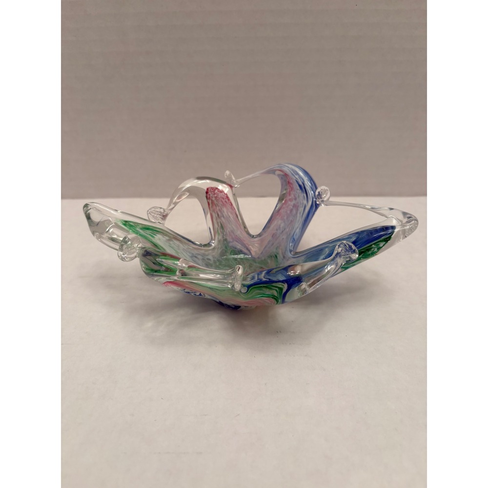 Murano Style Art Glass Splash Bowl Multi Color Swirl Star Centerpiece Dish - Picture 2 of 4